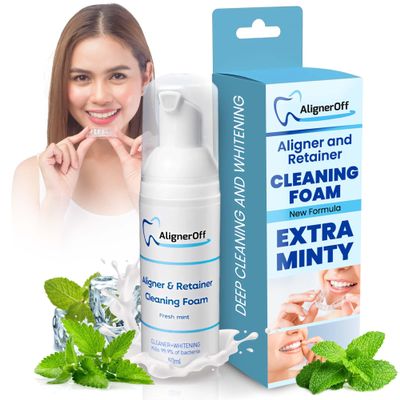 AlignerOff White Foam Retainer Cleaner New Whitening Formula for Aligners, Retainers, Nightguards, Braces & Dentures Super Minty for Invisalign, Essix, Hawley Trays 50ml Ideal for Gifting