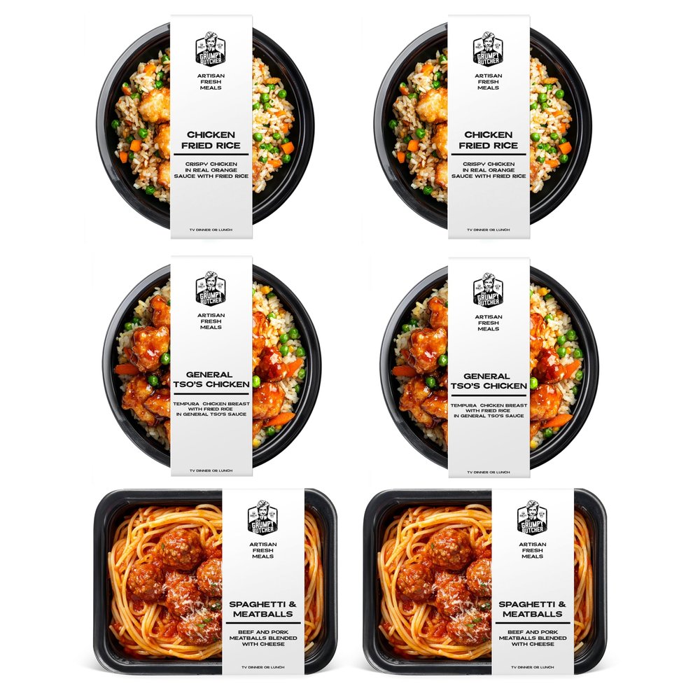 Grumpy Butcher Bistro Meals Set 6 Pack (10-15 oz each) Spaghetti & Meatballs, Chicken Fried Rice, General Tsos Chicken Protein Plus Wholesome Prepared Meals