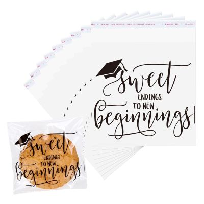 FYSUIMU 320 Pcs 2026 Graduation Cellophane Bag Sweet Endings to New Beginnings Self-Adhesive Treat Bags Clear Flat Candy Cookie Bags 4 x 4 Inch for Congrats Grad School Party Supplies