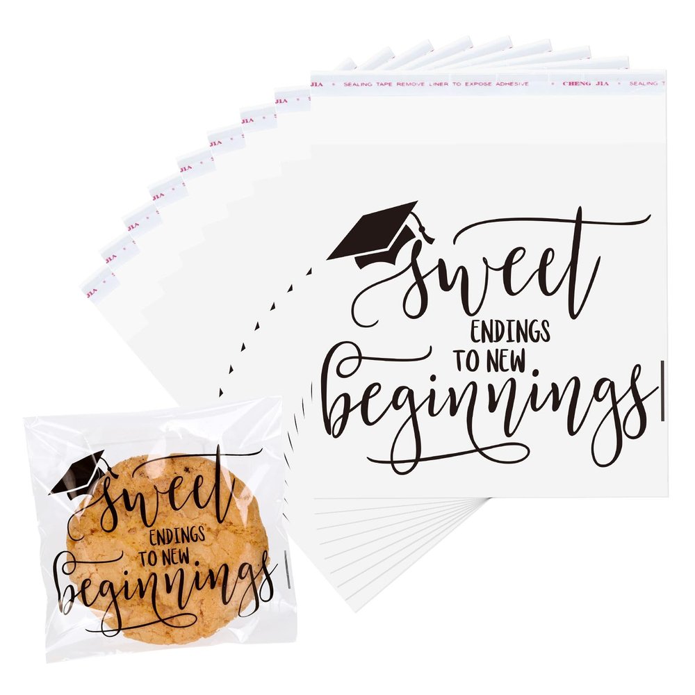 FYSUIMU 320 Pcs 2026 Graduation Cellophane Bag Sweet Endings to New Beginnings Self-Adhesive Treat Bags Clear Flat Candy Cookie Bags 4 x 4 Inch for Congrats Grad School Party Supplies
