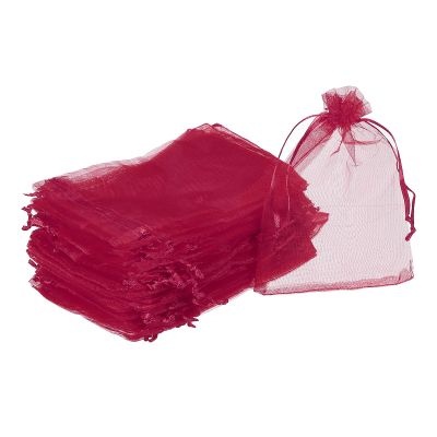MECCANIXITY 100pcs Organza Bags 3.9x5.9 Inch Drawstring Favor Pouches Sheer Mesh Bag for Gift Jewelry Wedding Party Christmas Candy Wine Red