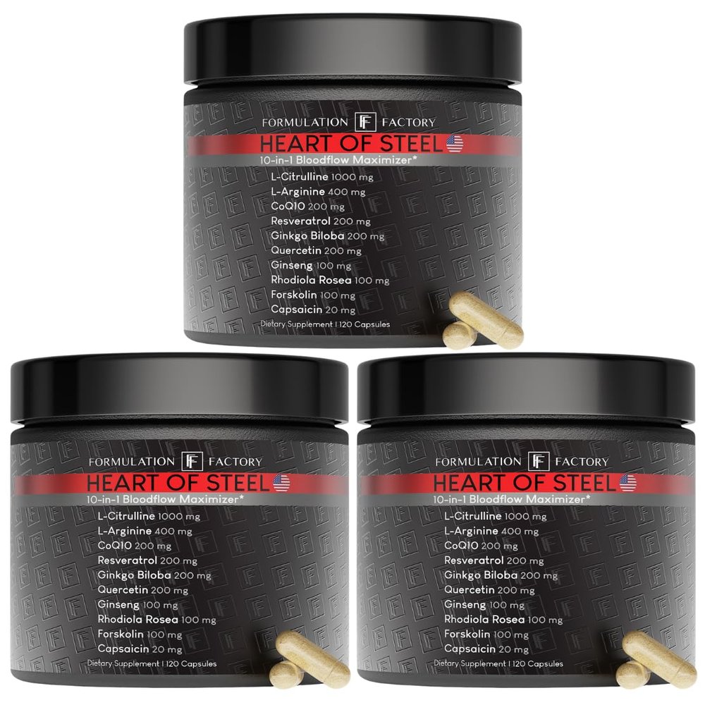 Formulation Factory Heart of Steel Nitric Oxide Supplement - L Citrulline & L Arginine Blood Pressure Supplements - Natural Pre-Workout: Energy Management - 360 Capsules, 3 Month Supply