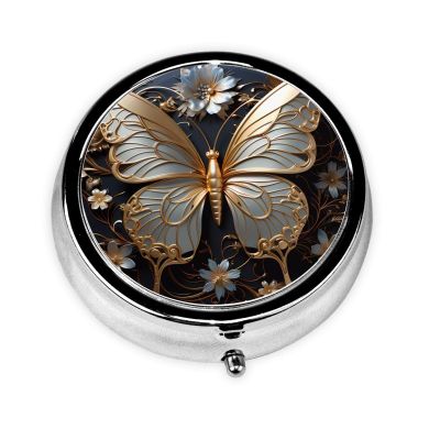 Cute 3-Compartments Round Pill Box Gold White Butterflies Small Pill Case Portable Medicine Dispenser,for Pocket Purse
