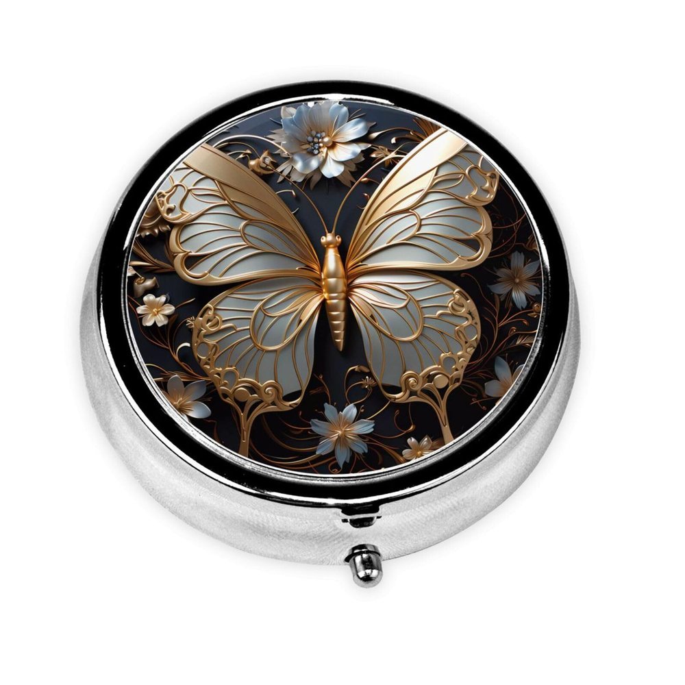 Cute 3-Compartments Round Pill Box Gold White Butterflies Small Pill Case Portable Medicine Dispenser,for Pocket Purse