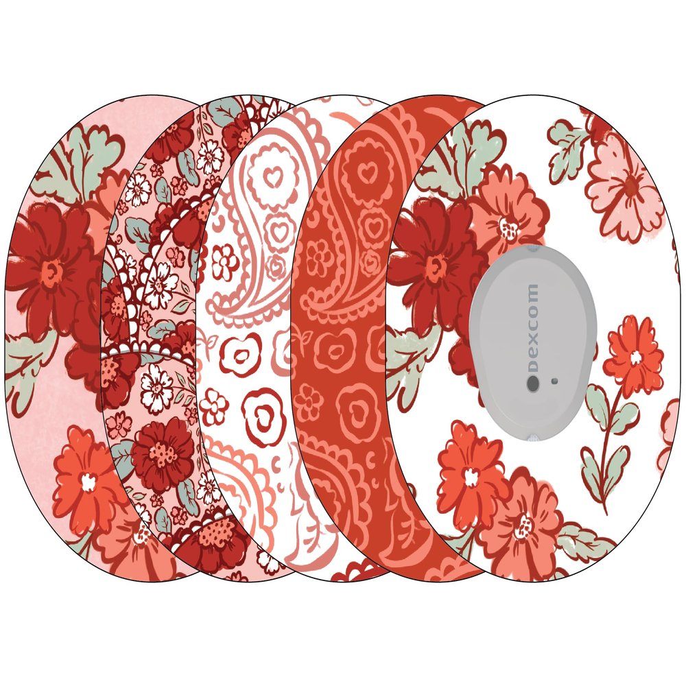 Glucomart Adhesive Patches for Dexcom G7, Dexcom Stelo, and Infusion Sets (5 Count) Maximum Strength CGM Patches, Waterproof & Hypoallergenic (Floral Red Variety Pack) (G7)