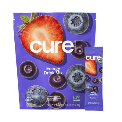 Cure Hydration Performance | Plant-Based Electrolyte Energy Drink Mix | No Added Sugar | Dehydration Relief Powder | 100mg of Caffeine | Non-GMO | Vegan | Pouch of 14 Packets - Acai Berry