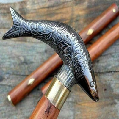 Antique Black Brass Finish Fish Head Handle Vintage Designe Wooden Walking Stick Cane Handmade Best Gift Item 3 Fold 37inches