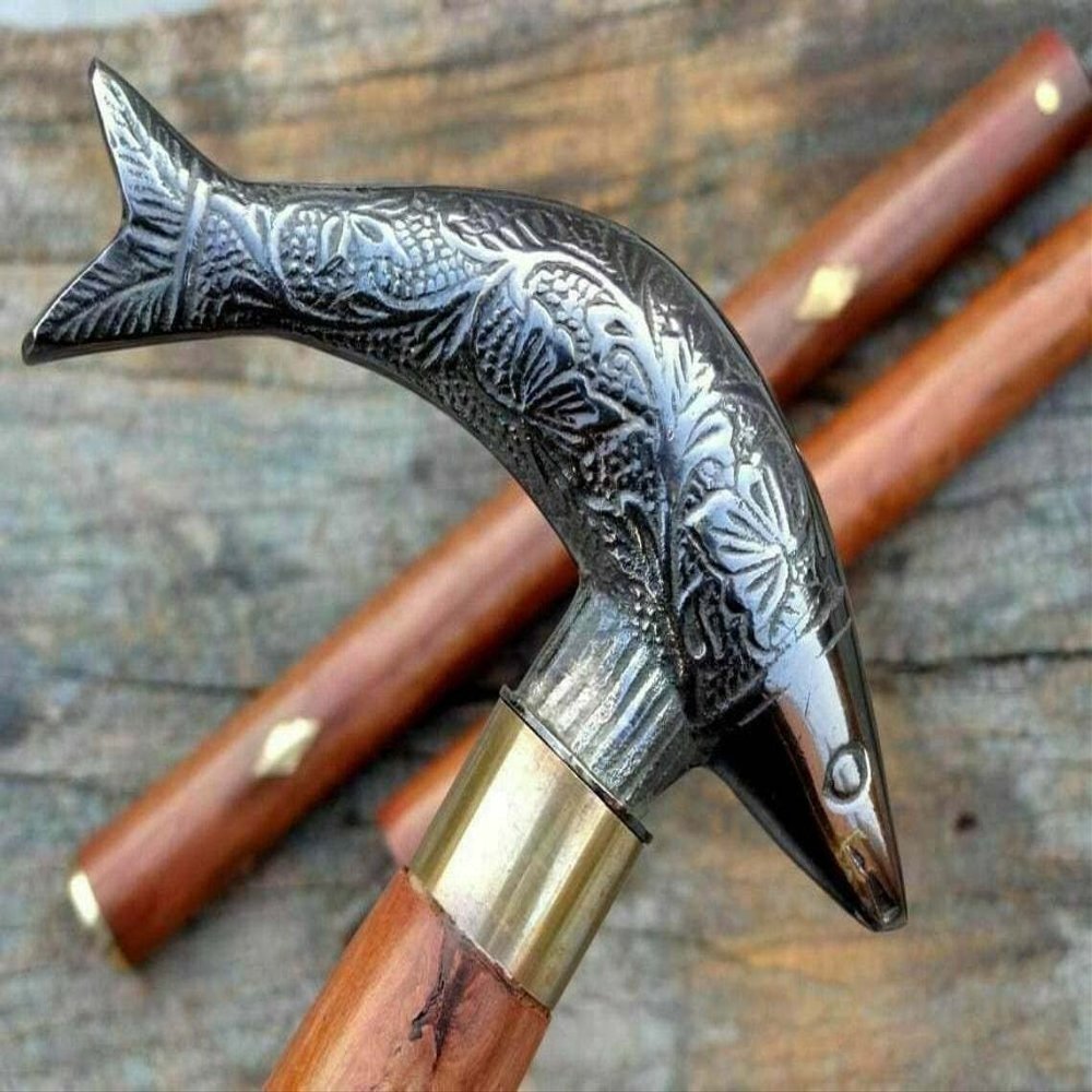 Antique Black Brass Finish Fish Head Handle Vintage Designe Wooden Walking Stick Cane Handmade Best Gift Item 3 Fold 37inches