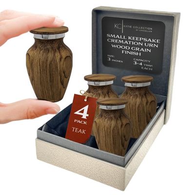 4 Pack Small Keepsake Urn for Human Ashes | Metal Wooden Teak Style | Mini Little Memorial Ash Container | Perfect Compact Tribute for Loved Ones | Male Female Man or Woman