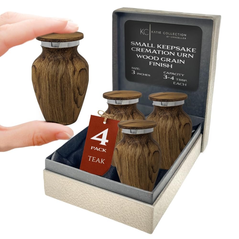 4 Pack Small Keepsake Urn for Human Ashes | Metal Wooden Teak Style | Mini Little Memorial Ash Container | Perfect Compact Tribute for Loved Ones | Male Female Man or Woman