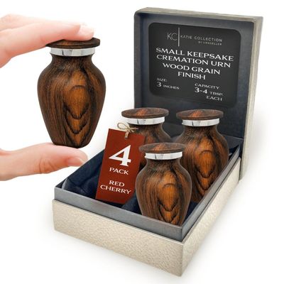 4 Pack Small Keepsake Urn for Human Ashes | Metal Wooden Cherry Style | Mini Little Memorial Ash Container | Perfect Compact Tribute for Loved Ones | Male Female Man or Woman