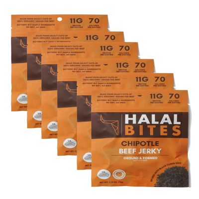 6-Pack Halal Bites Chipotle Beef Jerky, Organic Grass-Fed Beef, Naturally Smoked, Infused with Honey & Black Cumin Seed