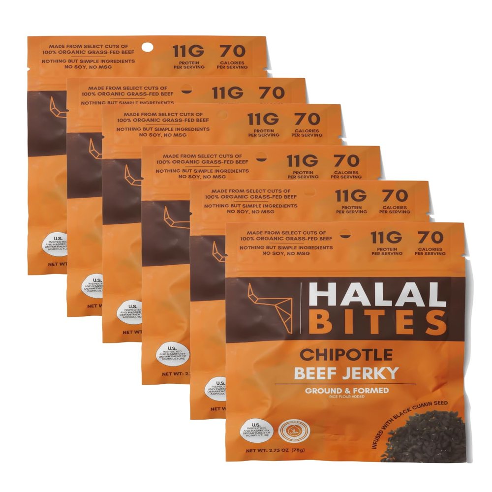 6-Pack Halal Bites Chipotle Beef Jerky, Organic Grass-Fed Beef, Naturally Smoked, Infused with Honey & Black Cumin Seed