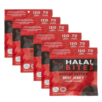 6-Pack Halal Bites Ghost Pepper Flavor Beef Jerky, Organic Grass-Fed Beef, Naturally Smoked, Infused with Honey & Black Cumin Seed