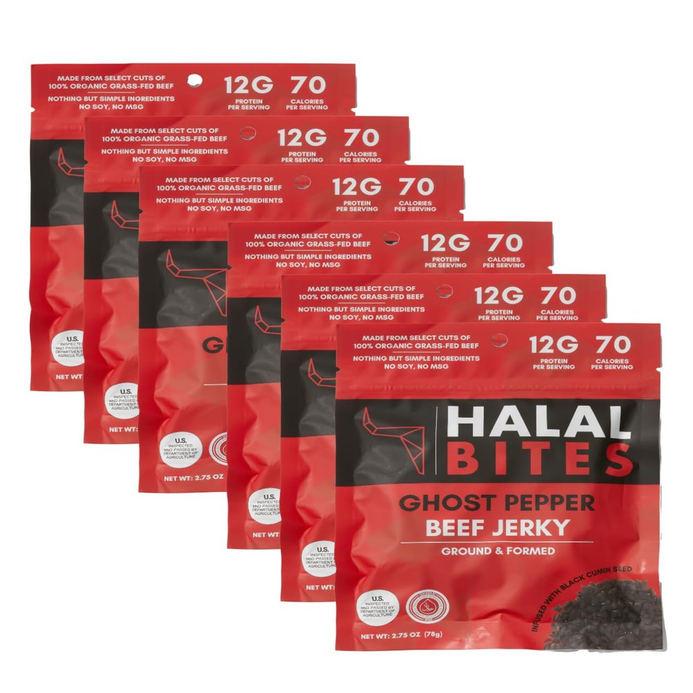 6-Pack Halal Bites Ghost Pepper Flavor Beef Jerky, Organic Grass-Fed Beef, Naturally Smoked, Infused with Honey & Black Cumin Seed
