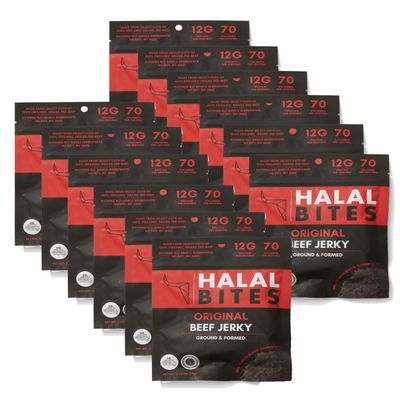 12-Pack (Bulk Size) Halal Bites Original Flavor Beef Jerky, Organic Grass-Fed Beef, Naturally Smoked, Infused with Honey & Black Cumin Seed