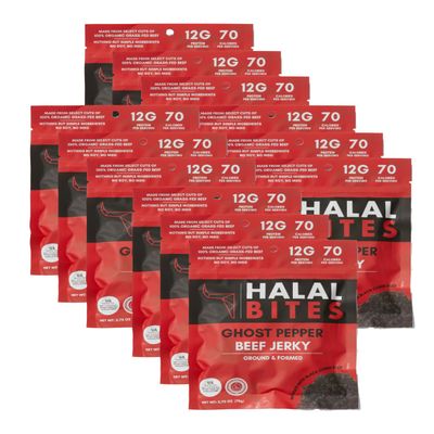 12-Pack (Bulk Size) Halal Bites Ghost Pepper Flavor Beef Jerky, Organic Grass-Fed Beef, Naturally Smoked, Infused with Honey & Black Cumin Seed
