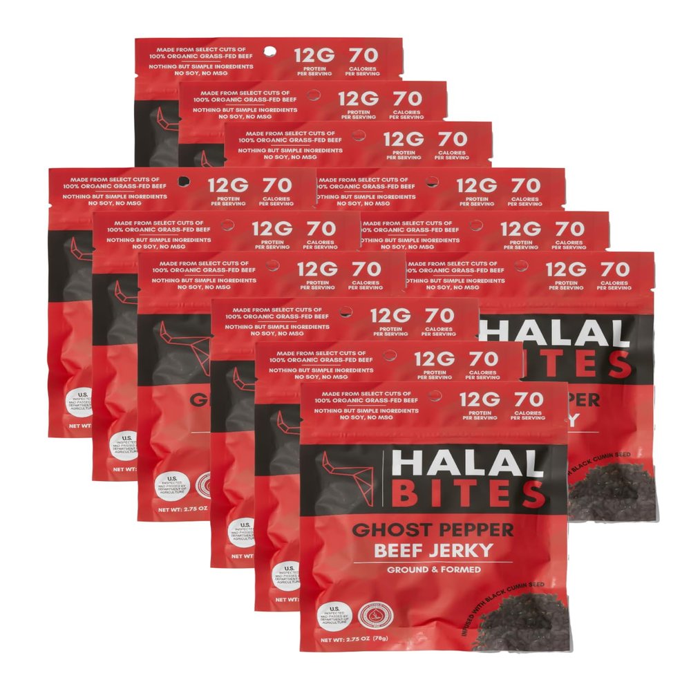 12-Pack (Bulk Size) Halal Bites Ghost Pepper Flavor Beef Jerky, Organic Grass-Fed Beef, Naturally Smoked, Infused with Honey & Black Cumin Seed