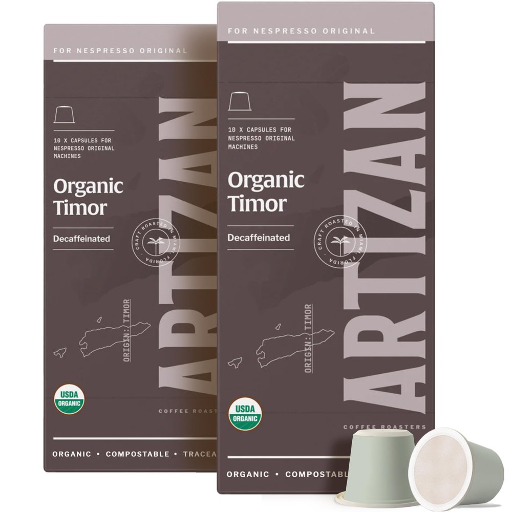 Artizan Coffee Decaf Organic Swiss Water Espresso Pods for Nespresso Original | Timor Decaf Single Origin | 20 Home Compostable Capsules