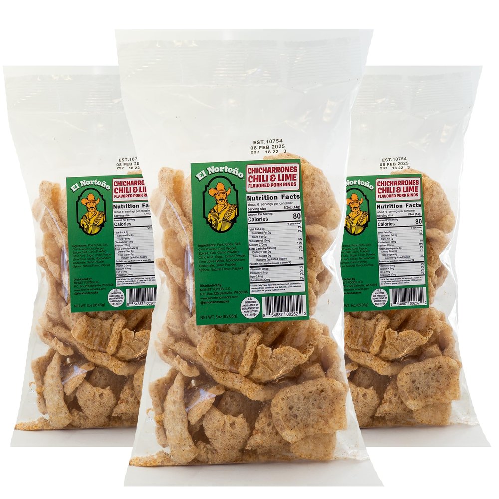 El Norteo Chili & Lime Pork Rinds Pack of 3 (3oz Each)