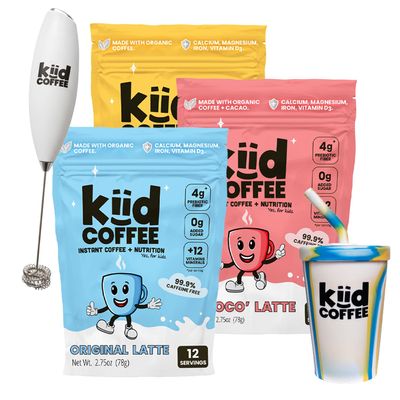 Kiid Coffee - 99.9% Caffeine-Free Coffee for Kids - As Seen on Shark Tank - 3-Flavor Premium Gift Set with Cup and Frother - 12 Vitamins & Minerals, 4g Prebiotics, 0g Sugar - Organic & Non-GMO