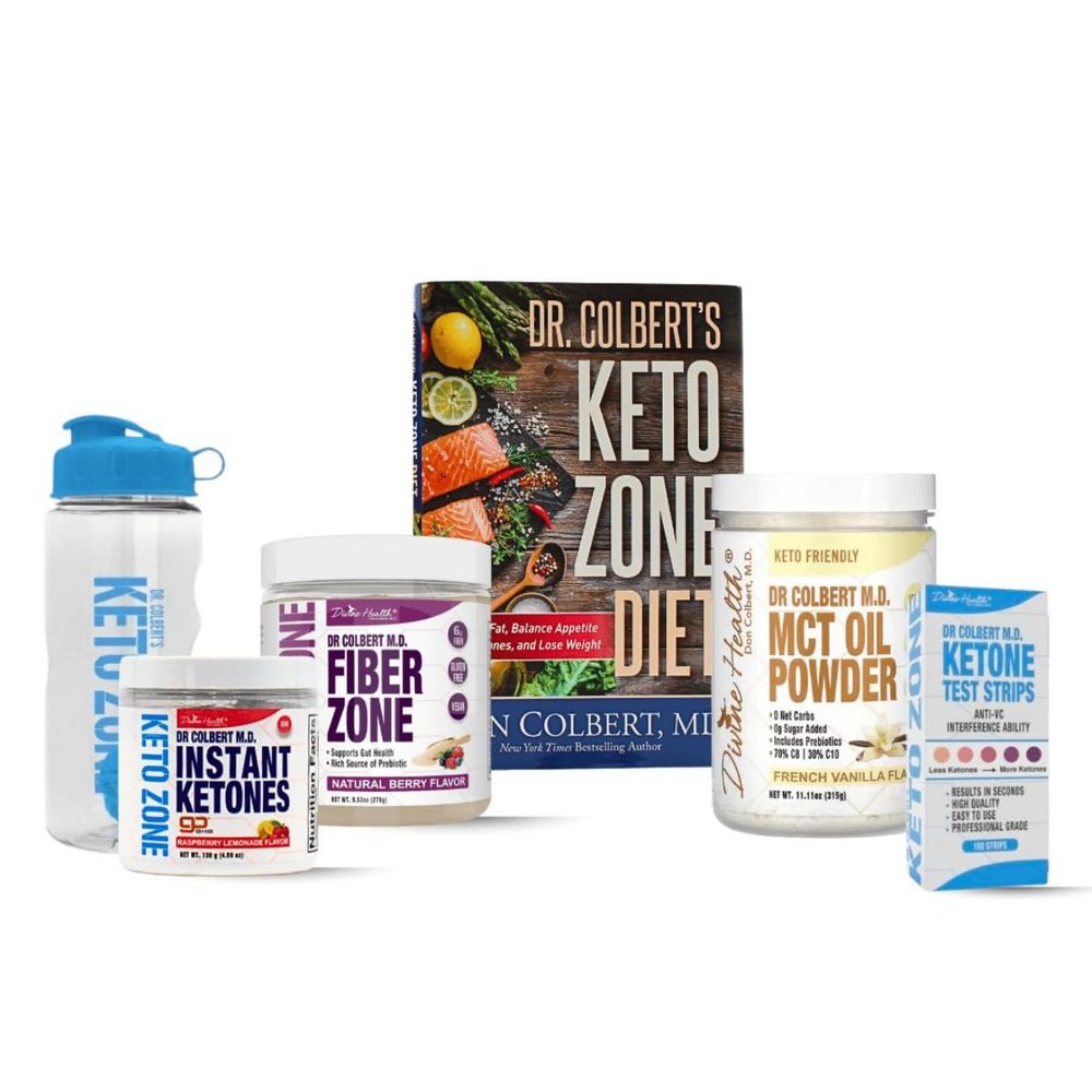 Divine Health Keto Zone Starter Pack Dr. Colbert, MD | MCT Oil Powder (Vanilla) | PH Strips | Fiber Zone (Berry) | Instant Ketones (Raspberry) | Supports Ketosis, Energy & Gut Health