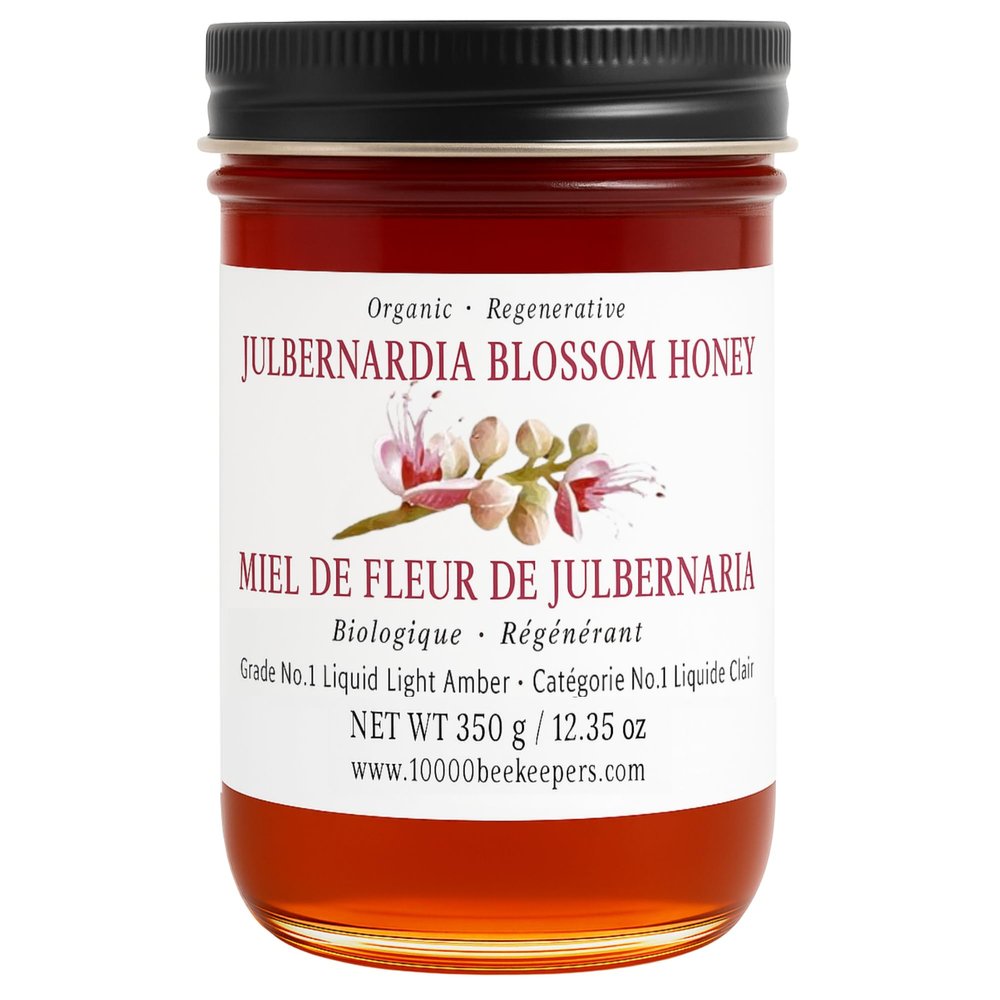 Julbernardia Blossom Organic Raw Honey in Glass Jar, Raw Organic Honey Extracted from Wild Honeycombs in Zambia Woodlands, Unpasteurized Miel de Abeja Organica, 12.35oz