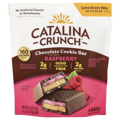 Catalina Crunch Chocolate Cookie Bars - Keto Friendly Snacks with 2g Sugar and 3g Protein - Gluten Free Low Carb Candy Bars, Kosher - Raspberry, 4 Count (Pack of 1)