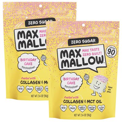 Max Mallow Sugar Free Marshmallows - Keto Friendly, Perfect for S'mores, Hot Chocolate, and Baking with Zero Sugar Snacks, Smores Mct Oil Zero Sugar Marshmellow Marshmallow Birthday Cake, 2 Pack