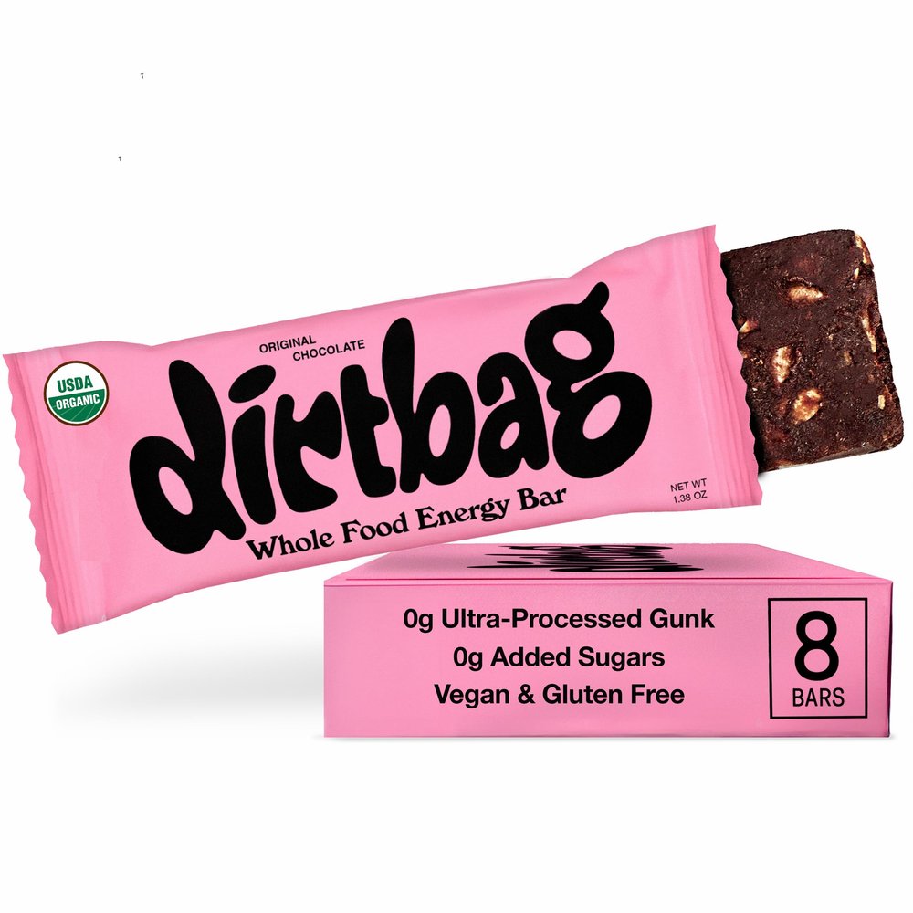 Dirtbag Bar, Organic Whole Food Energy Bar with Clean Plant Protein, Original Chocolate, 8 Pack, Dates, Oats, Nuts, 100% Dark Chocolate, NO Ultra-Processed Gunk, Vegan & Gluten Free.