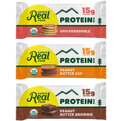 Kates Real Food Organic Protein Bars (Peanut Butter, Brownie, Snickerdoodle Variety, 2.2 oz, Pack of 12) Plant Based Protein Bars - Gluten Free, Soy Free, Non GMO, Whole Grains, and All Natural