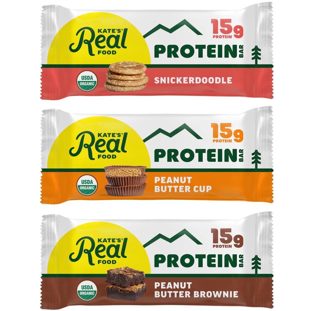 Kates Real Food Organic Protein Bars (Peanut Butter, Brownie, Snickerdoodle Variety, 2.2 oz, Pack of 12) Plant Based Protein Bars - Gluten Free, Soy Free, Non GMO, Whole Grains, and All Natural
