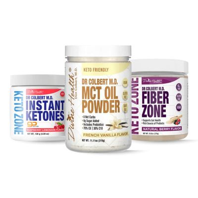 Divine Health Keto Zone Maintenance Pack Dr. Colbert | MCT Oil Powder (Vanilla) | Fiber Zone (Berry) | Instant Ketones (Raspberry) | Supports Energy & Gut Health