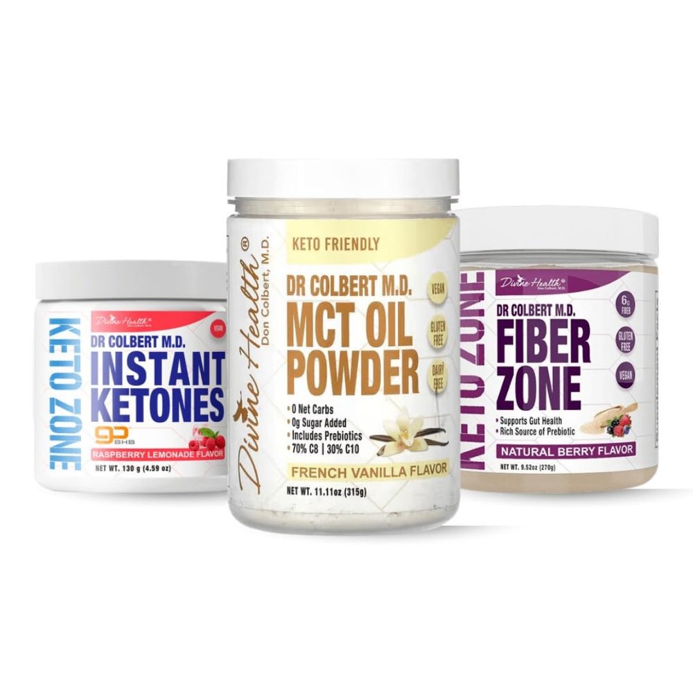 Divine Health Keto Zone Maintenance Pack Dr. Colbert | MCT Oil Powder (Vanilla) | Fiber Zone (Berry) | Instant Ketones (Raspberry) | Supports Energy & Gut Health