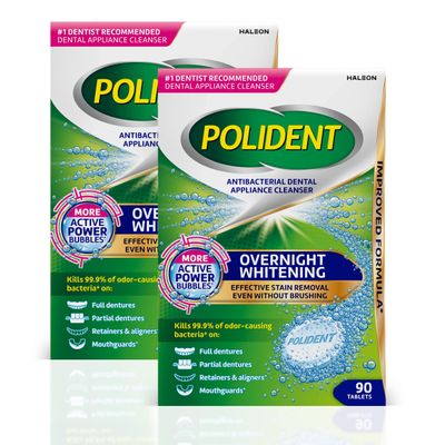 Polident Overnight Whitening Antibacterial Dental Appliance Cleanser Tablets, 90 Count (2 Pack)
