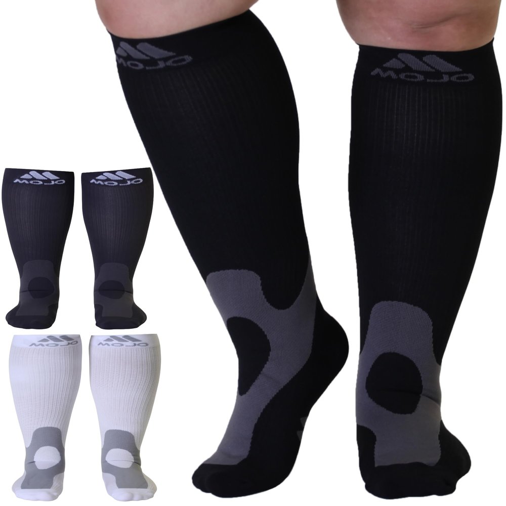 (3 Pairs) Mojo Compression Socks for Women and Men 20-30mmHg - Wide Calf Graduated Compression Knee High for Circulation during Sports, Athletic, Flying, Airplane - White-Black-Gray, 5X-Large - A601