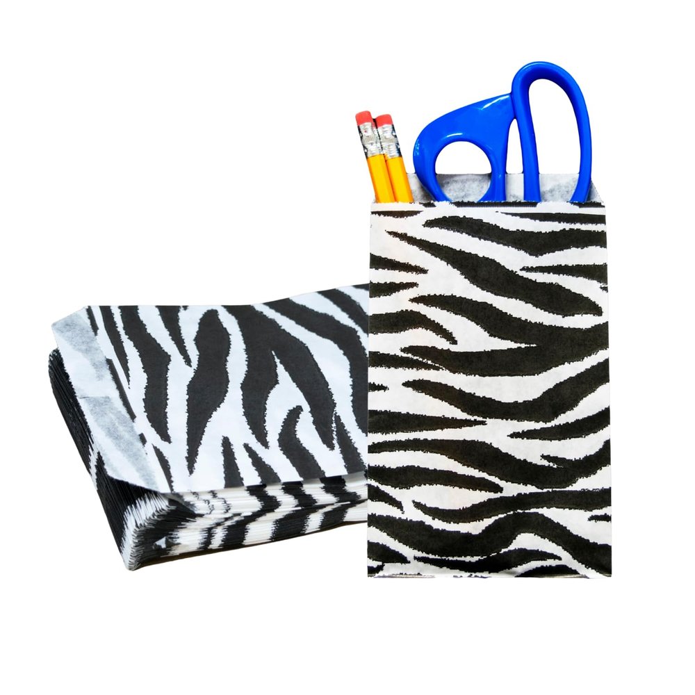 Novel Box 100 Pack Zebra Print Flat Merchandise Bags 6x9 Inches - Stylish Bag for Birthday Gifts - Bulk Paper Storage Bags for Goody, Shopping, Wedding Anniversary & Special Occasions