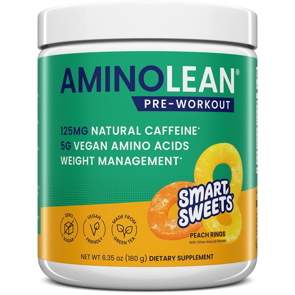 RSP NUTRITION AminoLean x SmartSweets Pre Workout Powder, Amino Energy with Vegan BCAA Amino Acids & Natural Caffeine, Preworkout Boost for Men & Women, Peach Rings