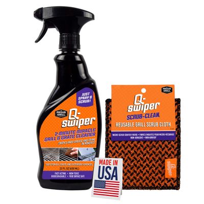 Proud Grill Company Q-Swiper 2-Minute Miracle Grill & Grate Cleaner with Scrub Clean Cloth - Degreaser Spray for BBQ, Oven, Stove, Kitchen Tops & Surfaces, Grate & Grease Remover, Smoker Cleaning Kit