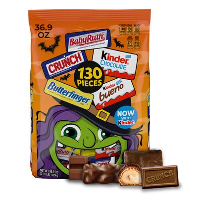 Butterfinger, CRUNCH, Baby Ruth, 100 Grand, Kinder Bueno, Kinder Chocolate, Halloween Candy Fun Size, 130 Minis, 36.9 oz