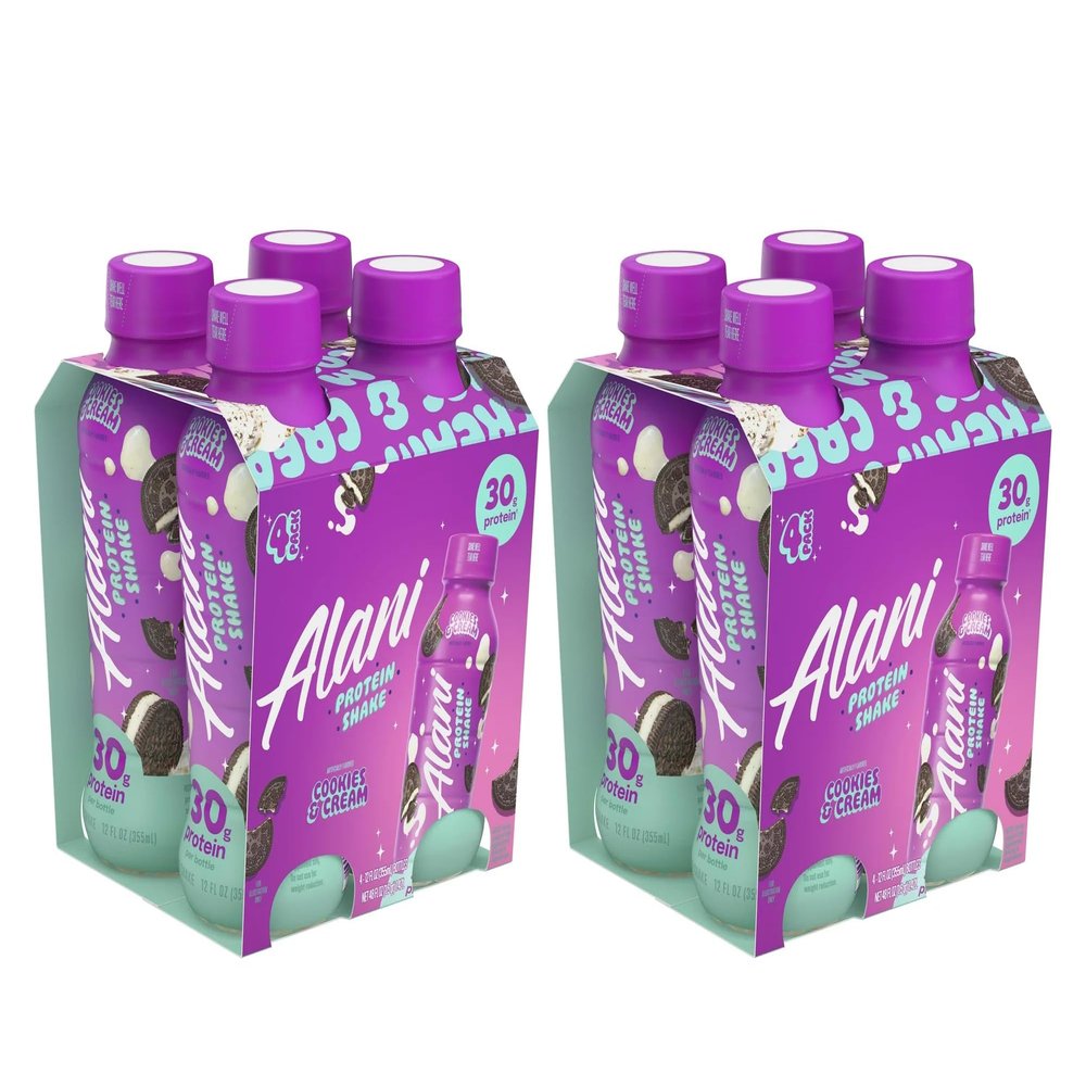 Alani-Nu Protein Shake, Cookies and Cream Flavor, 30g Protein Per Bottle, Lactose-Free, Gluten-Free, Low Sugar, High-Protein Drink for Muscle Growth, Perfect for Breakfast or Post-Workout, 2 Box With 4Ct Each