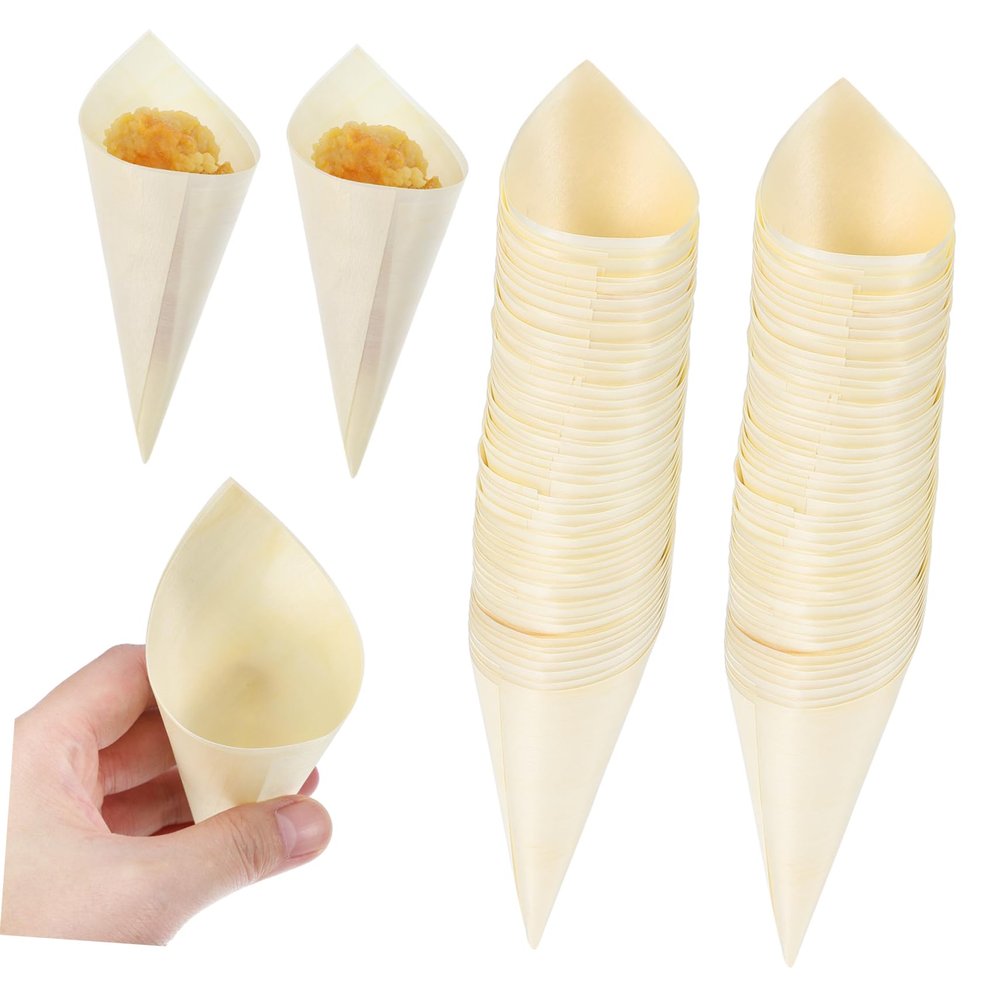 GOOHOCHY 100pcs Wooden Charcuterie Cones Holder Popcorn Cones Catering Supplies for Parties Events