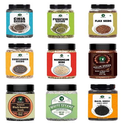All Raw Seeds Combo Pack of 9-1125g | Chia, Pumpkin, Sunflower, Flax, Watermelon, Halim, White Sesame, Black Sesame & Basil Seeds 125g Each | Seeds Mix Superfoods for Eating Combo Pack