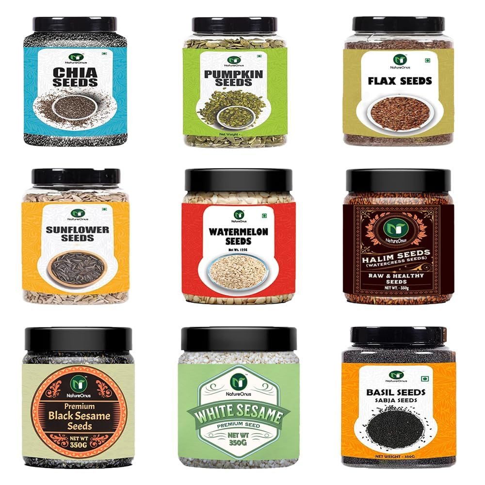 All Raw Seeds Combo Pack of 9-1125g | Chia, Pumpkin, Sunflower, Flax, Watermelon, Halim, White Sesame, Black Sesame & Basil Seeds 125g Each | Seeds Mix Superfoods for Eating Combo Pack