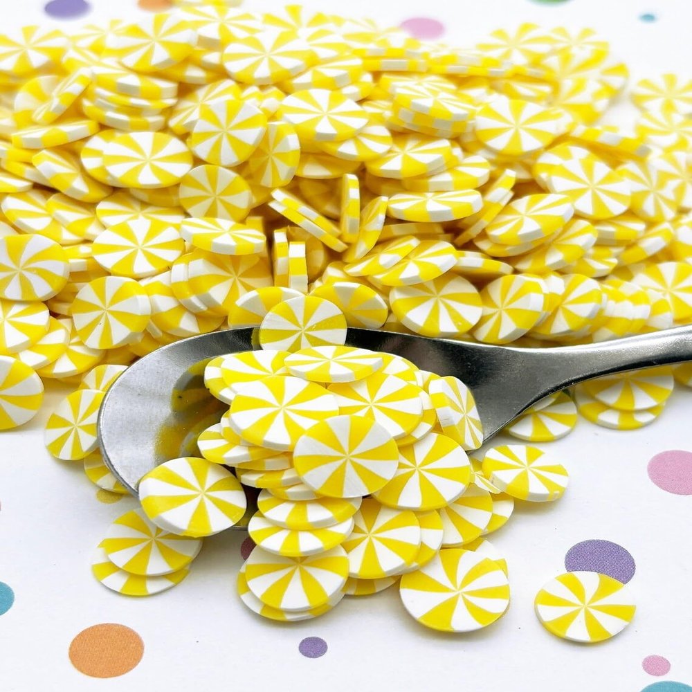 10mm Lemon Yellow Peppermint Polymer Clay Sprinkles, Large Fake Candy Slices for Crafts, Miniature Faux Mint for Fake Bake, Slime, Nail Art, Decoden (Container)