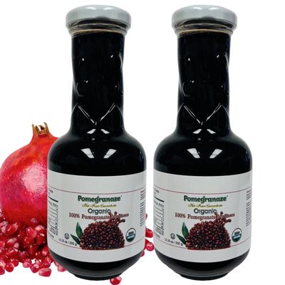 100% Organic Pomegranate Molasses 12.35 Oz Glass Bottle,(2 Pack) No Sugar Added, Vegan, NON GMO, Gluten Free and Kosher