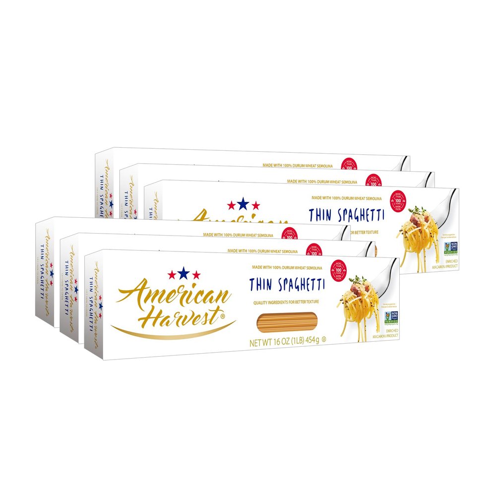 AMERICAN HARVEST, Thin Spaghetti Pasta, Enriched Durum Wheat, 16 oz (20 Pack) | Made in America, Non-GMO, Fast-Cook, Pantry Staple | 100 Years of Pasta-Making Expertise