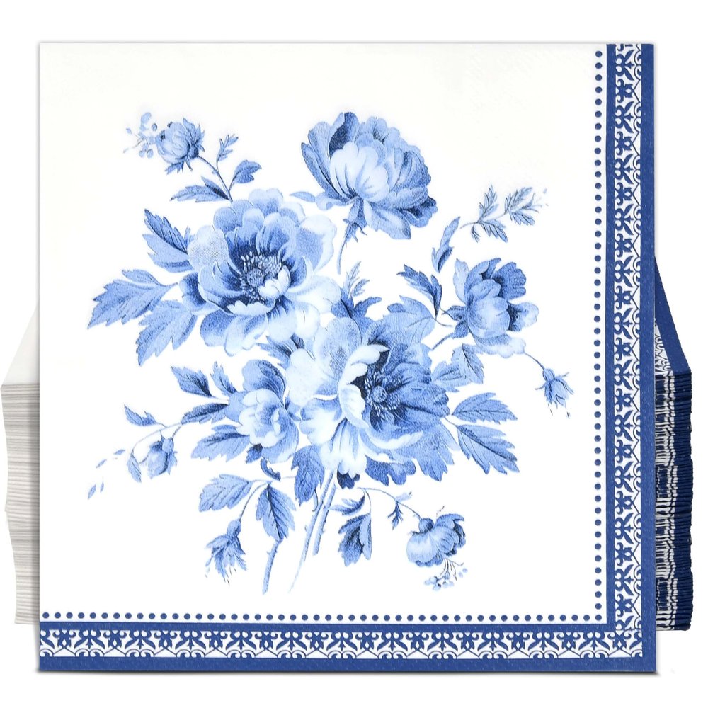 100 Blue Floral Lunch Napkins Disposable Chinoiserie Flower Luncheon Paper Napkin for Spring Wedding Birthday Bridal & Baby Shower Party Supplies