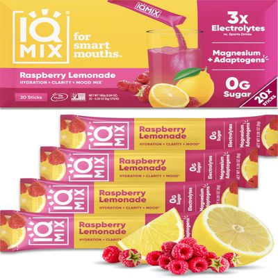 IQMIX Hydration Electrolyte Powder 4-in-1 Formula for Hydration, Mental Clarity, Mood and Recovery Sugar-Free Drink Mix, Keto, Magnesium L-Threonate, Lions Mane 20 Count New Raspberry Lemonade