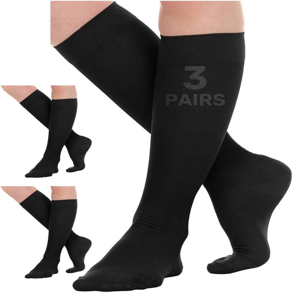 (3 Pairs) Wide Calf Sheer Compression Socks for Women 15-20mmHg - Womens Graduated Knee Highs Support Stockings for Circulation, Swelling, Varicose Veins, Lymphedema - Black, 3X-Large - A403